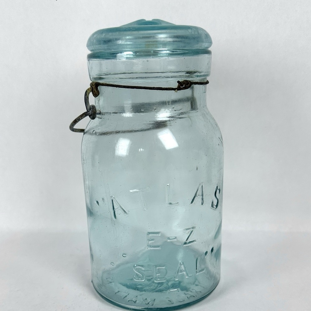 Vintage Atlas E-Z Seal Blue Canning Jar Wire Bail Glass Lid Quart Size